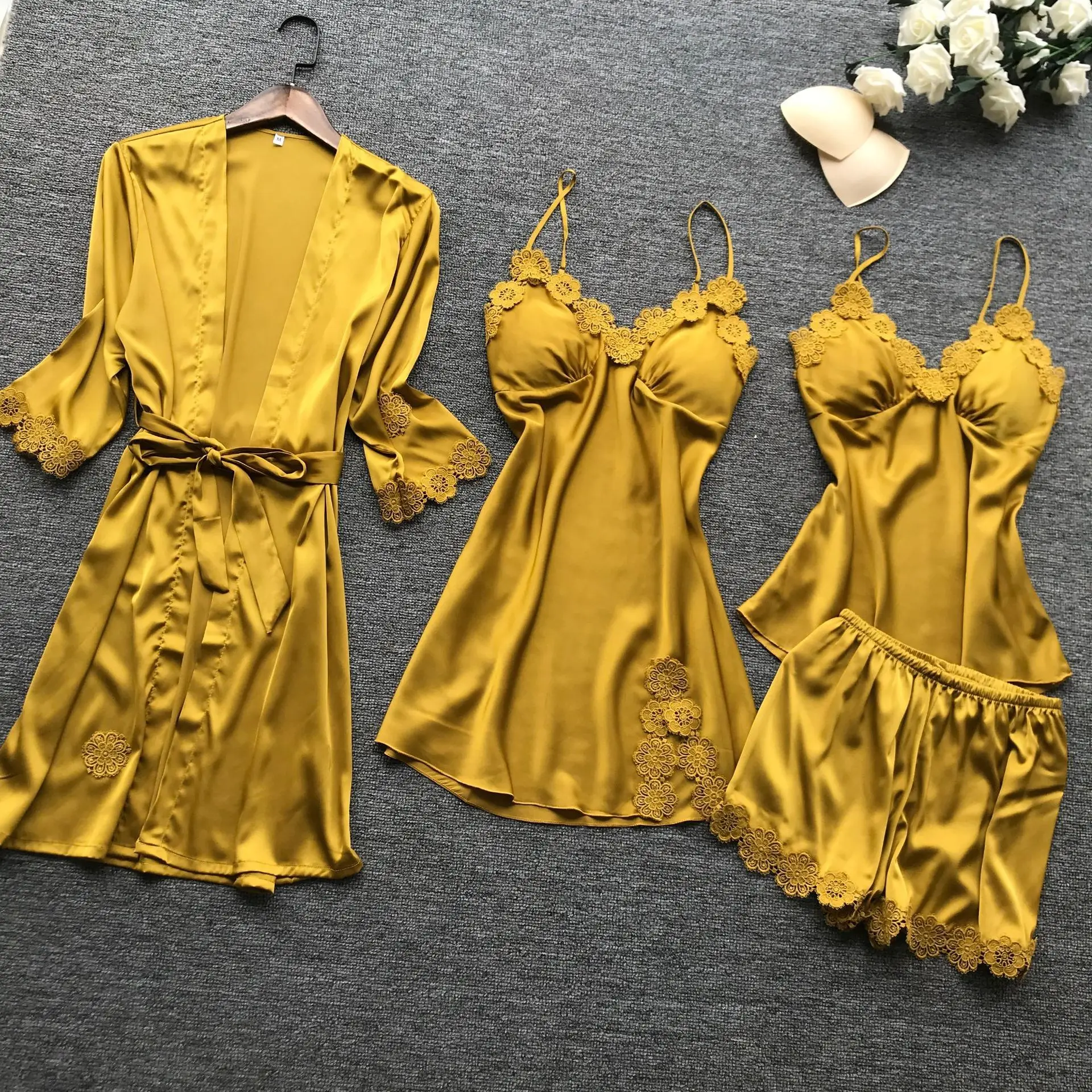 Spring New 4 Pcs Women Satin Pyjamas With Chest Pad Sexy Nightdress Belt Cardigan Pajama Set