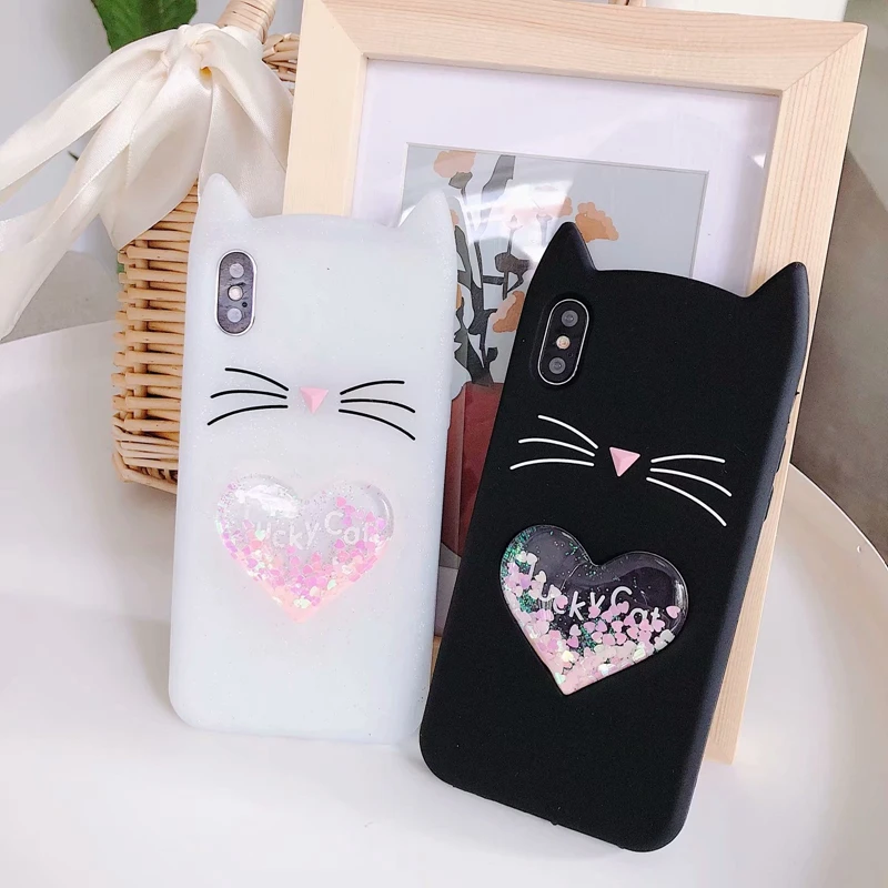 3D Cartoon Beard Cat Case For iphone X 8 Plus 7 6 6s Soft Silicone Coque Liquid Love Heart Quicksand Rubber Cover 50PCS |