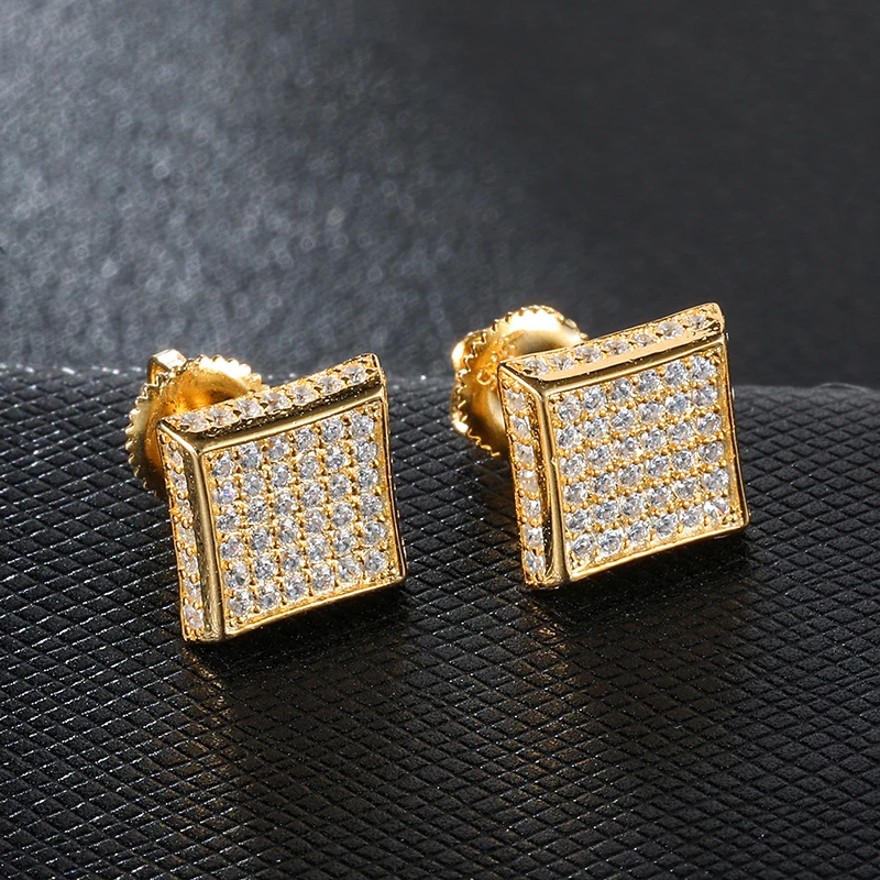 Хип-хоп CZ Циркон квадратный Bling Iced Out микро полностью проложенный горный хрусталь Золотая Сережка-гвоздик Медные мужские серьги ювелирные изделия
