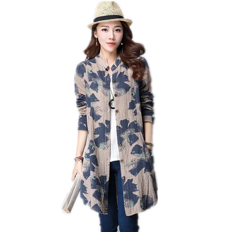 Блузка Женская длинная из хлопка и льна с винтажным принтом|long kimono|women blousesblusas