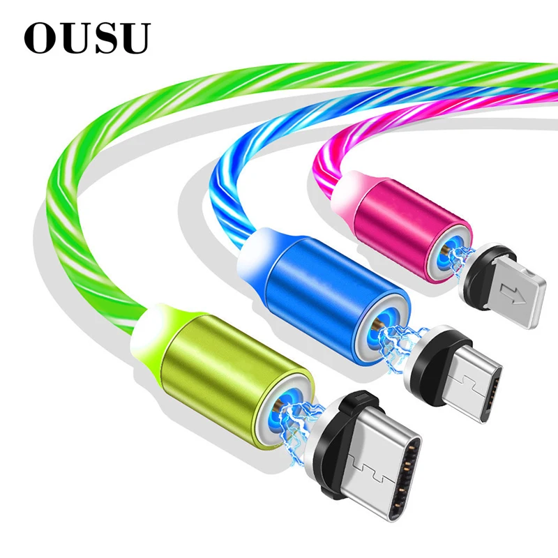 OUSU 2.4A Быстрая зарядка 3 в 1 Магнитный кабель для iphone светящийся USB Type C зарядный xiaomi
