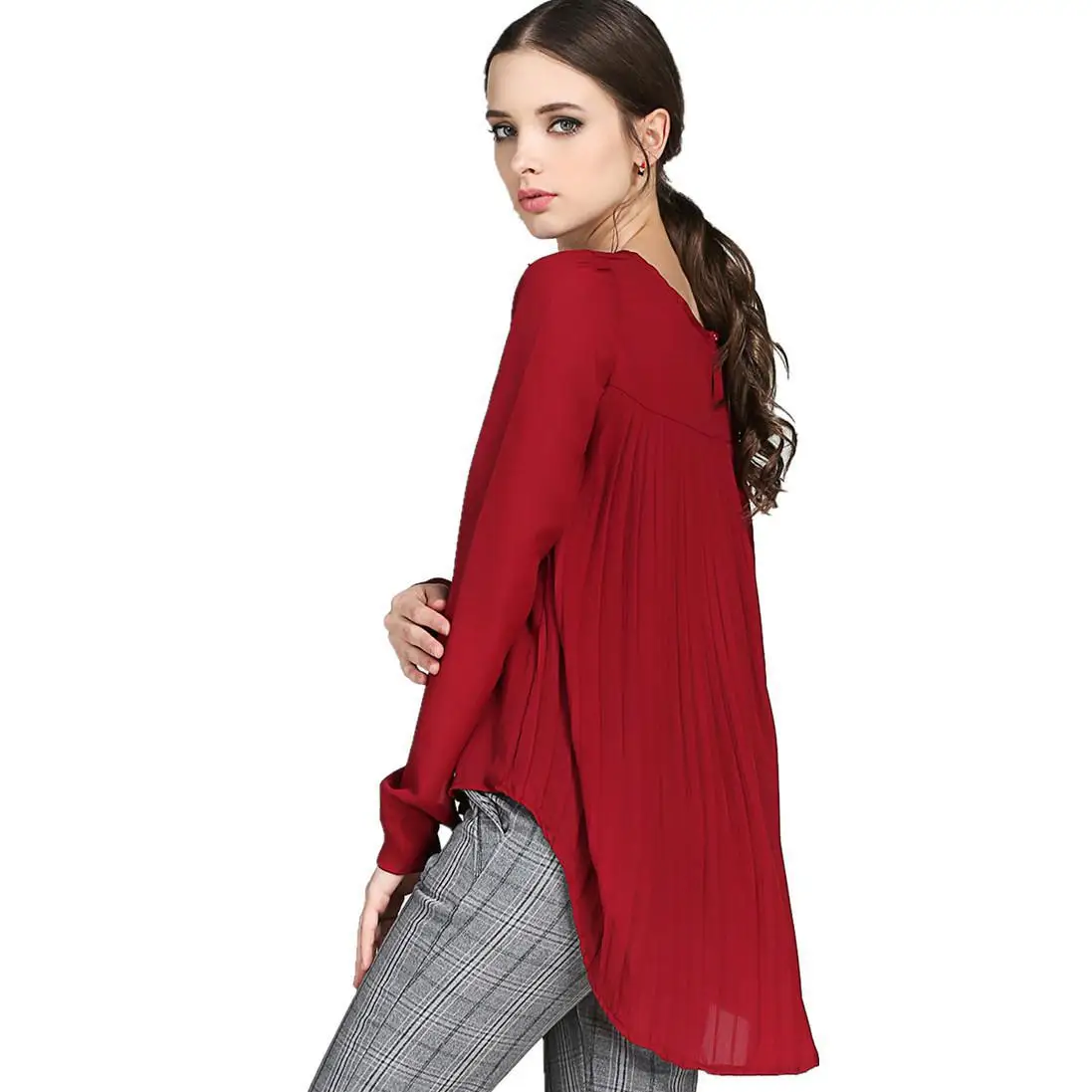 2018 новые летние свободные блузки складки Махаон с длинными рукавами и круглым