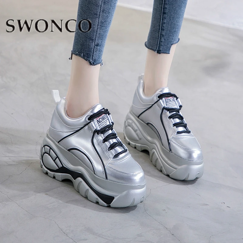 

SWONCO Sneakers Shoes Woman High Platform 2019 Whtie Shoes Casual Woman Platform Sneakers On Chunky Heel Black Sneaker For Woman