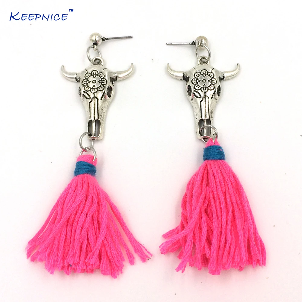 

2017 new dangle earrings with cotton tassel Ethnic style Bull skull tauren taurus charms earrings antique silver