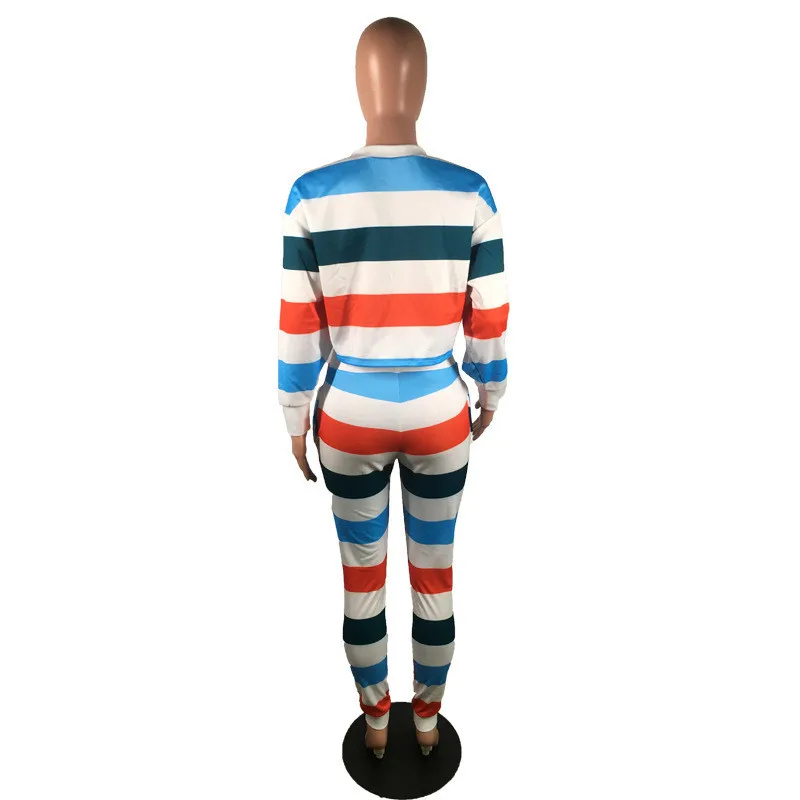 

Two Piece Sets Colorful Striped Casual Tracksuit Women Long Sleeve Sweatsuit Streetwear Crop Top and Pants Matching Set Outfits