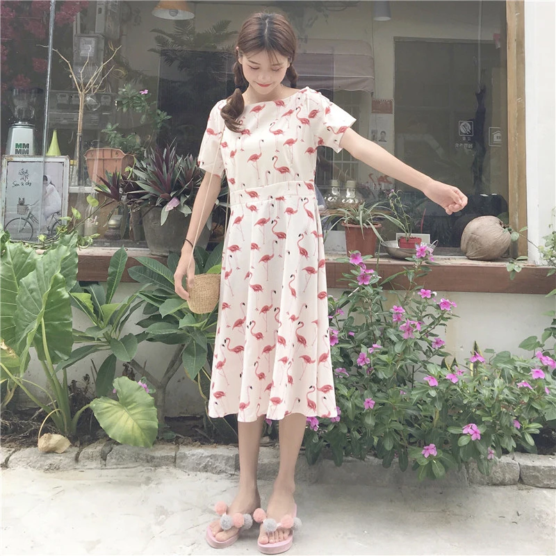 Rugod Swan Print Midi Dress 2017 Women Short Sleeve O-neck Cotton Boho Femme Summer Casual Party Beach Vestidos | Женская одежда