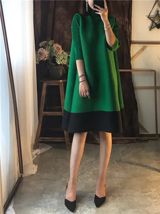 green Turtleneck DEAT, новинка, женское весеннее плиссированное платье, повседневное, элегантное, зеленое, водолазка, со вставками, рукав три четверти, платья, SA568 - Цвет: green Turtleneck