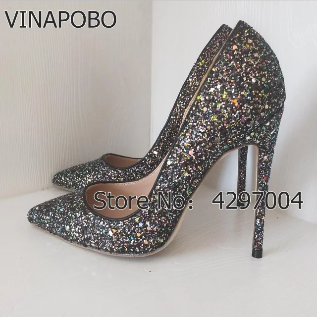 

Vinapobo Brand Women Shoes Sexy High Heel Sequined Women's Gradient Heels 12cm Super High Pointed Toe Pumps Black Wedding Shoes