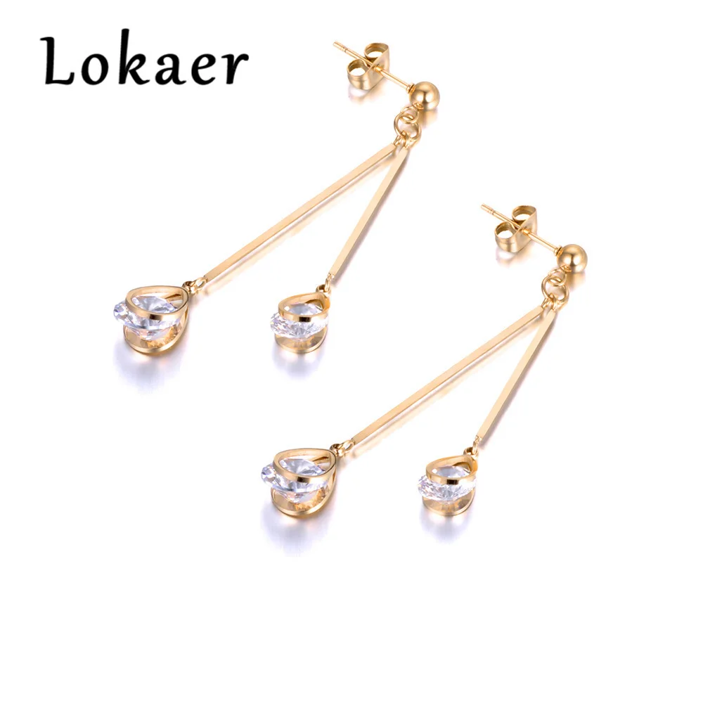 Gold Color Lokaer ювелирные изделия из нержавеющей стали, серьги золотого цвета, палочки и CZ камень, модный подарок, букле Doreille Brincos E18333 - Окраска металла: Gold Color
