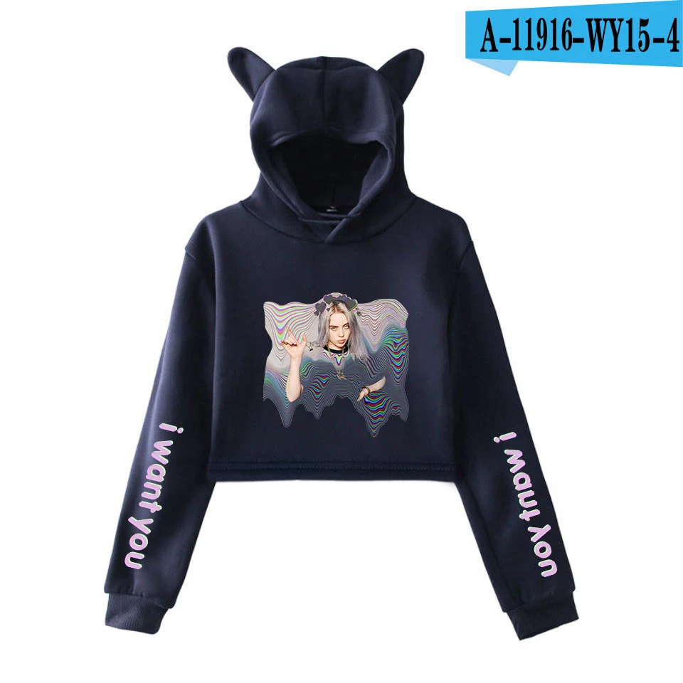 Billie Eilish Толстовка Harajuku милый кот Негабаритных Толстовки Кофты Розовый женский хит-хоп толстовка летняя укороченная верхняя одежда - Цвет: Розовый