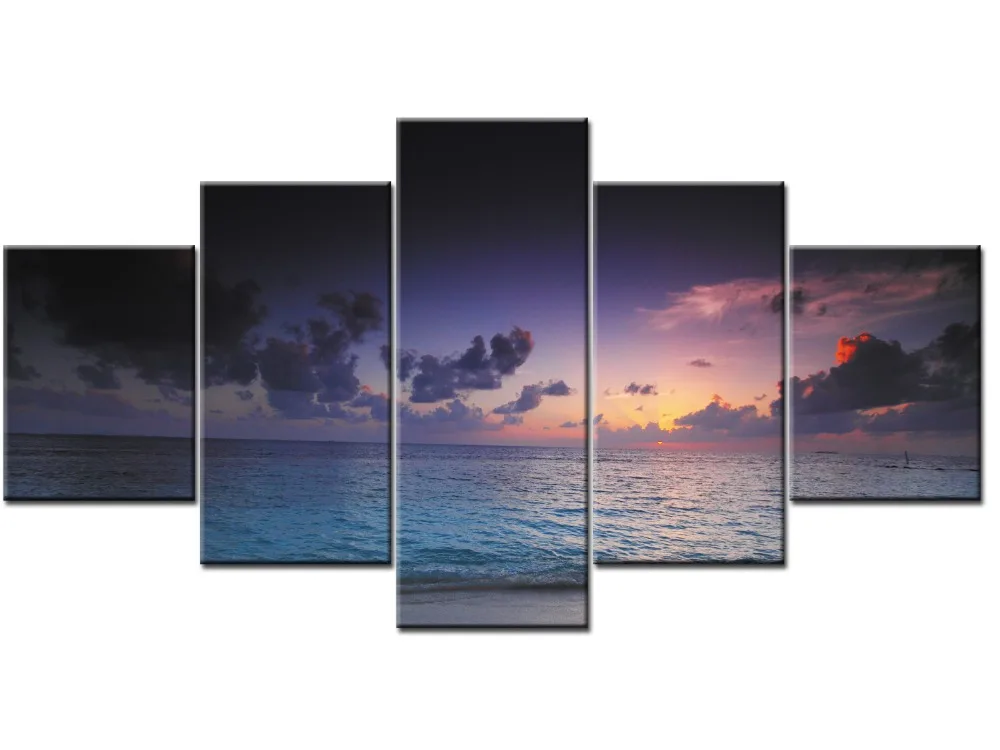 

5 Pieces Modern Prints Beach Seascape Painting Sea Boat Sunset Painting Wall Picture For Living Room Framed J009-015