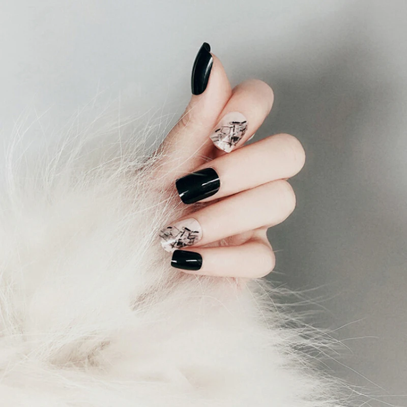 24 PCS Press on nails Full Nail Tips Black Smooth False Nails Long Square Designed with Glue Sticker for Ladies | Красота и здоровье