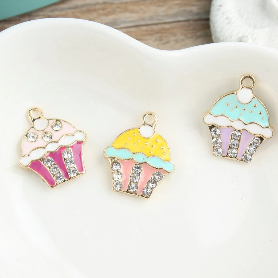 

Newest Cute Bling Rhinestone Cute Enamel Sweet Cup Cake Alloy Necklace Pendant Oil Drop Alloy DIY Phone Chain Keyring Pendants