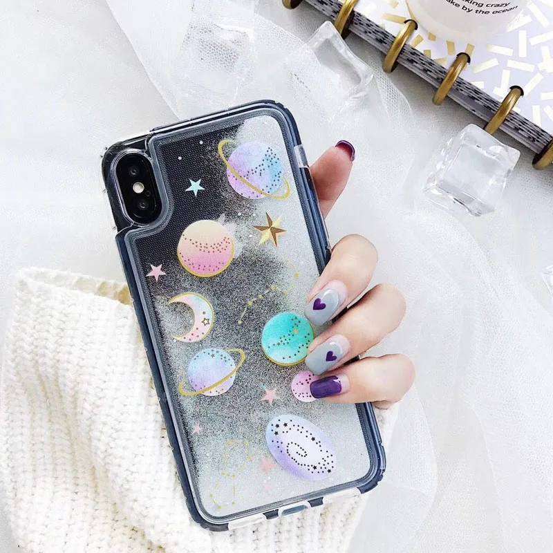 JiBan Universe Saturn Glitter Powder Cushion Mobile Phone Case For iPhone 6 6S 7 8 Plus X Cases Anti-fall Sandpaper Soft Sleeve | Мобильные