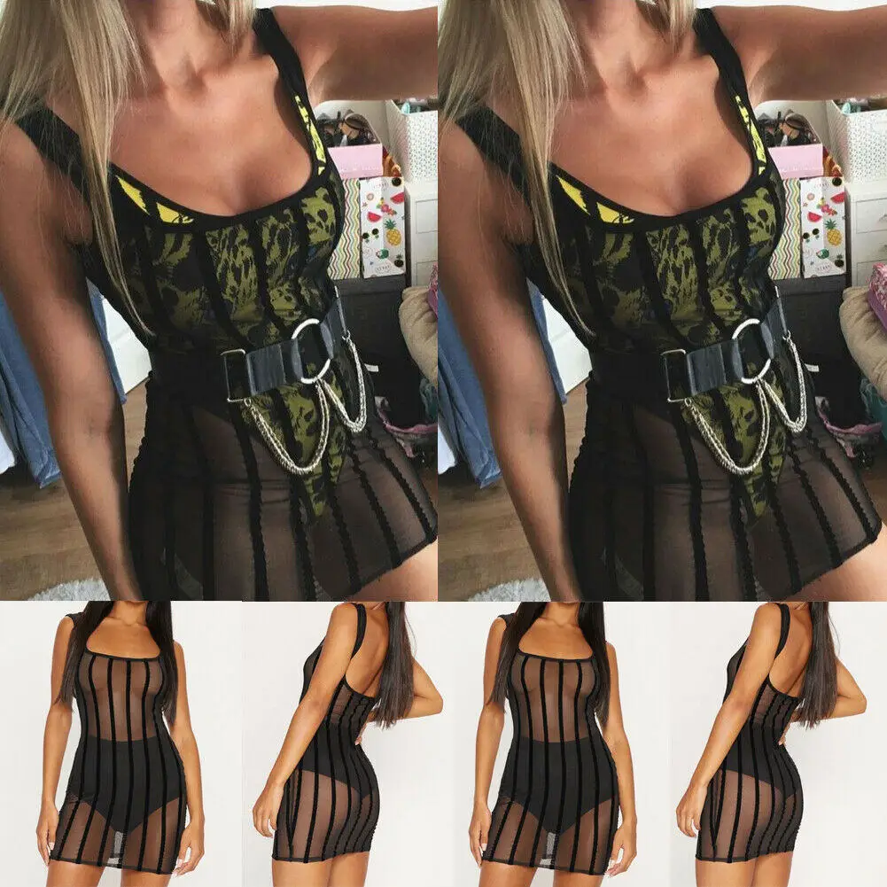 

Sexy Women Perspective Dress Summer Striped Sleeveless Sheath Mini One Piece O-Neck Backless Night Party Elegant Female Dress