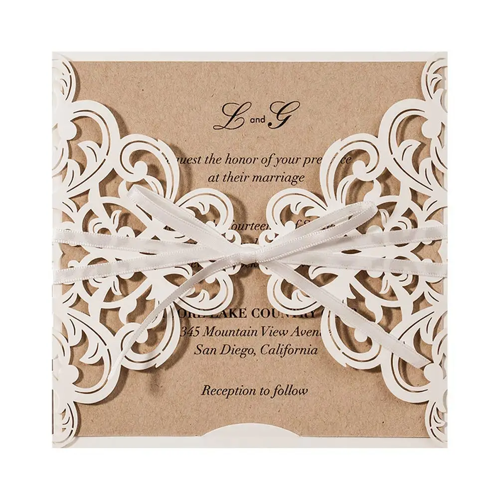 50Pcs Blue Laser Cut Wedding Invitations Cards Happy Birthday Gift Greeting Card with Envelopes and Handmade Ribbon Decorations | Дом и сад
