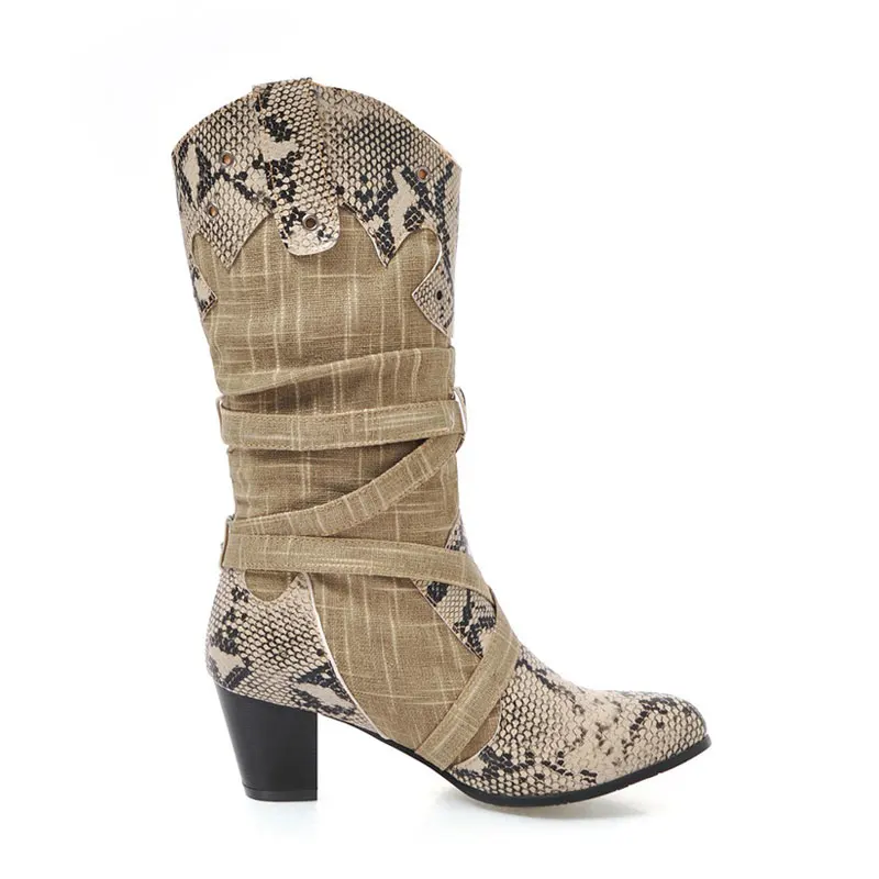 

Fanyuan Autumn/ Winter Women Boots Casual Mixed Hemp Buckle Strap Western botas mujer Heeled Mid-Calf Gladiator Motorcycle Boots