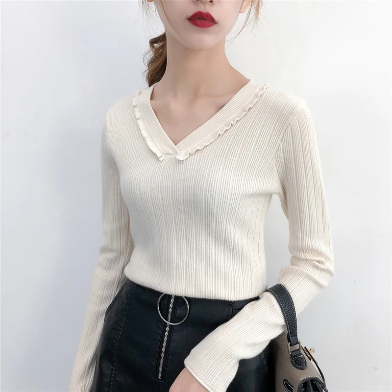 Women Sweaters Knitting Pullovers 2018 New Female V-Neck Long Sleeve Solid Casual Knitted Jumpers Sweater Bottoming Shirt | Женская