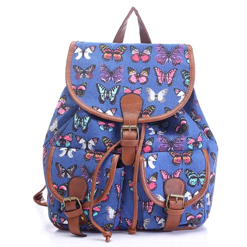 Butterfly blue Холщовая Сумка из искусственной кожи Mochila, модный рюкзак, школьные сумки для девочек, Женский школьный рюкзак с цветочным принтом - Цвет: Butterfly blue