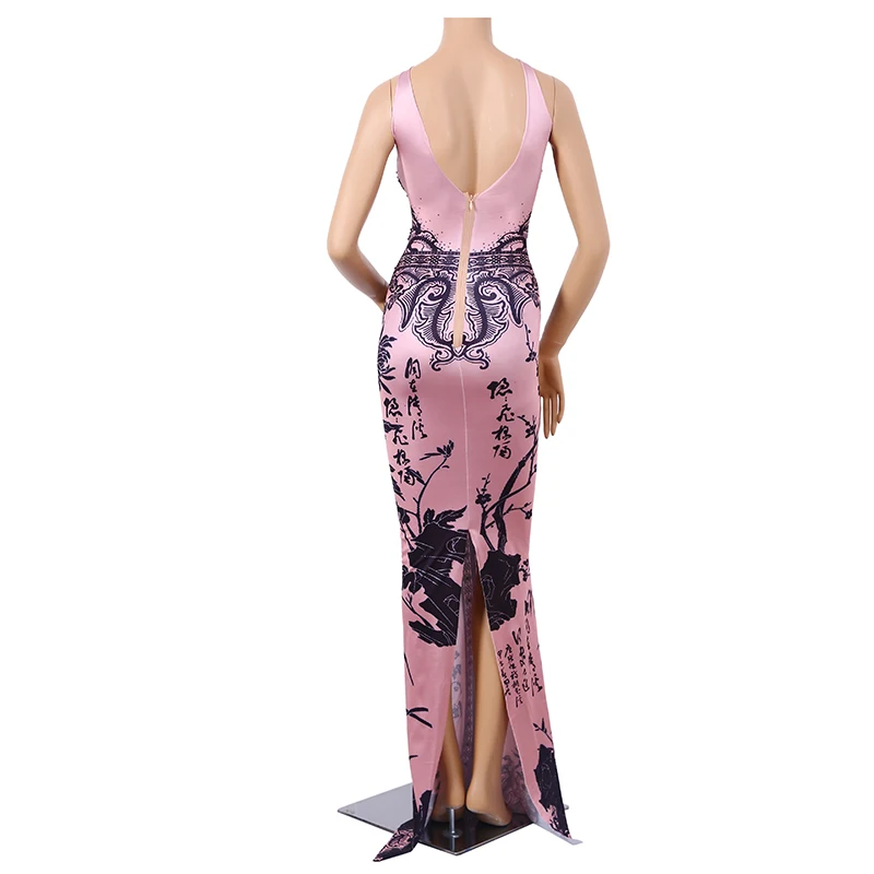 Сексуальное китайское длинное платье с бамбуковым рисунком эластичный наряд