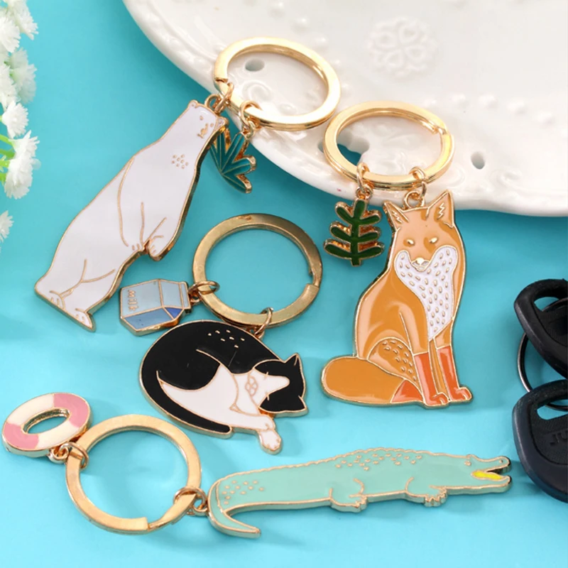 Милый брелок для ключей с животными собака черный кот котенок медведь крокодил