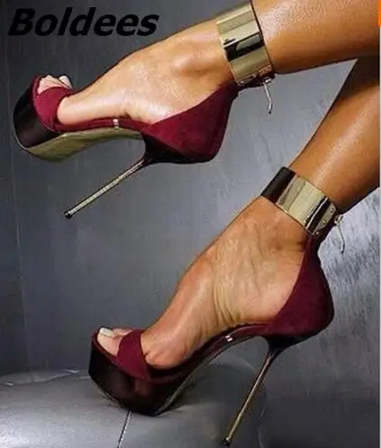 

Stylish Burgundy Suede Women Sandals Peep Toe Big Metal Ankle Wrap Gladiator Sandals Cut-out Stiletto Heels Platform Dress Shoes