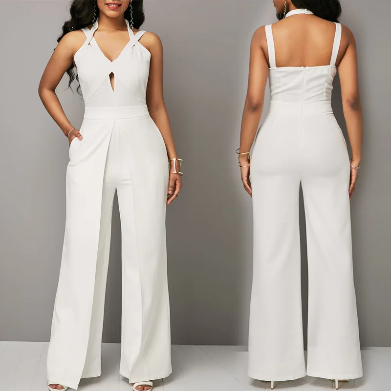 MUXU летний женский сексуальный белый комбинезон combinaison pantalon femme elegante с v-образным вырезом и широкими штанинами, комбинезон с открытой спиной