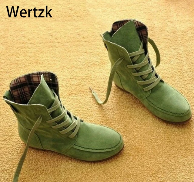 Женские ботинки с круглым носком на плоской подошве однотонные шнуровке женская