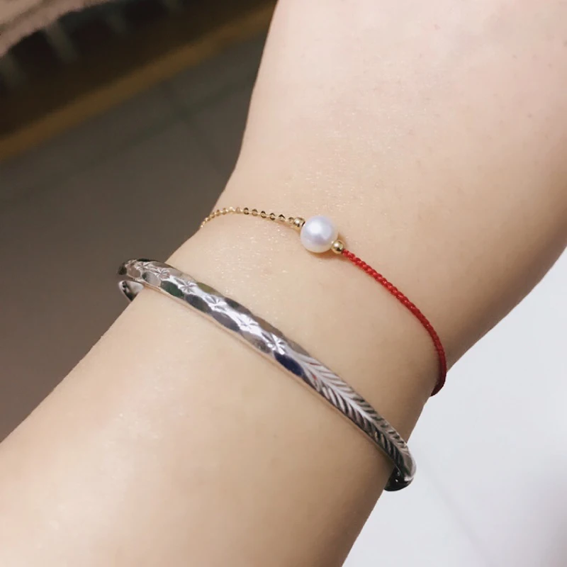 Женский браслет натуральный круглый пресноводный жемчуг 18K золото половинная