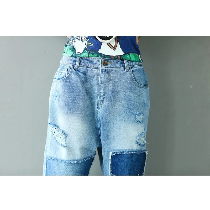 ripped jeans for women personality patchwork denim trousers harem pants plus size loose printed cotton washed retro streetwear |