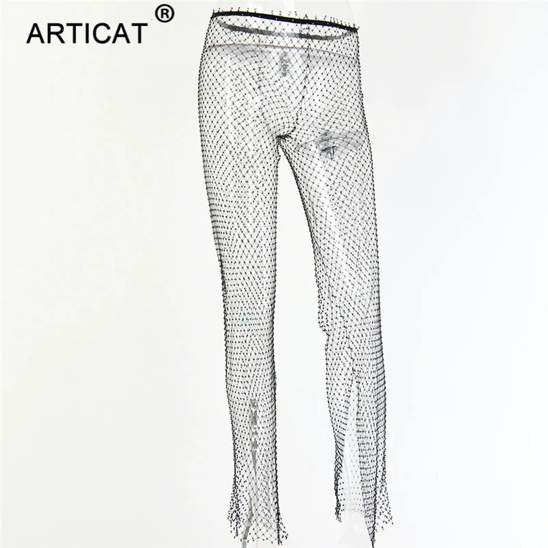 Articat, стразы, алмаз, сексуальные, с разрезом, широкие брюки, для женщин, высокая талия, выдалбливают, летние, женские брюки, повседневные, пляжные, вечерние, брюки