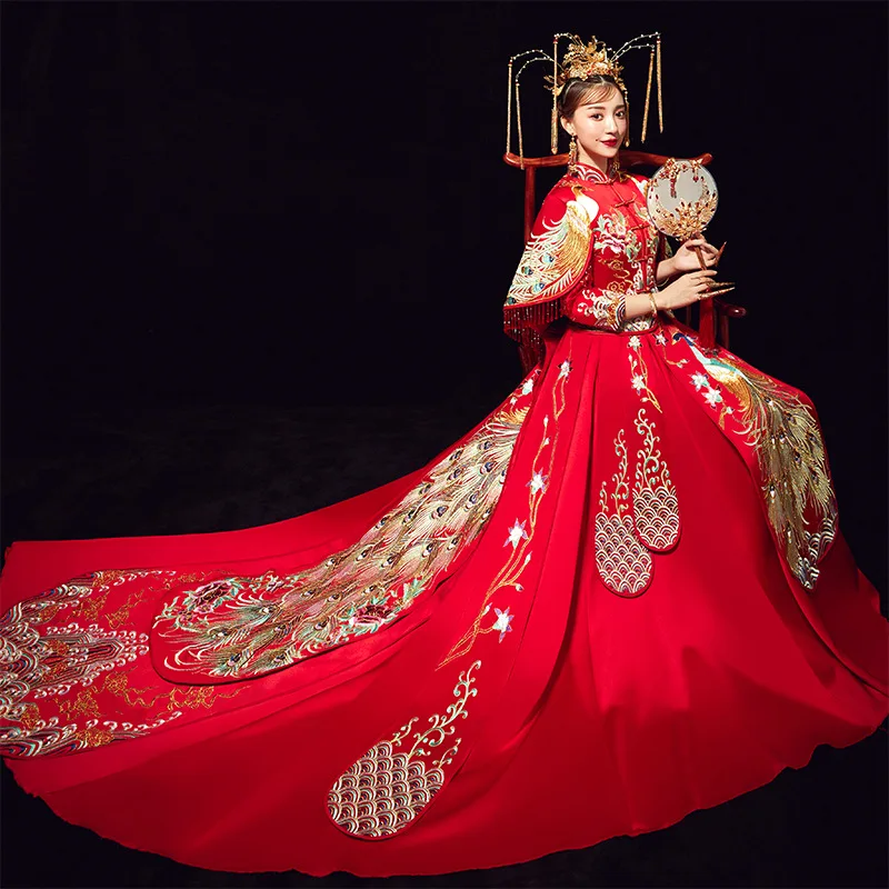 Красное китайское традиционное свадебное платье для женщин с вышивкой павлина