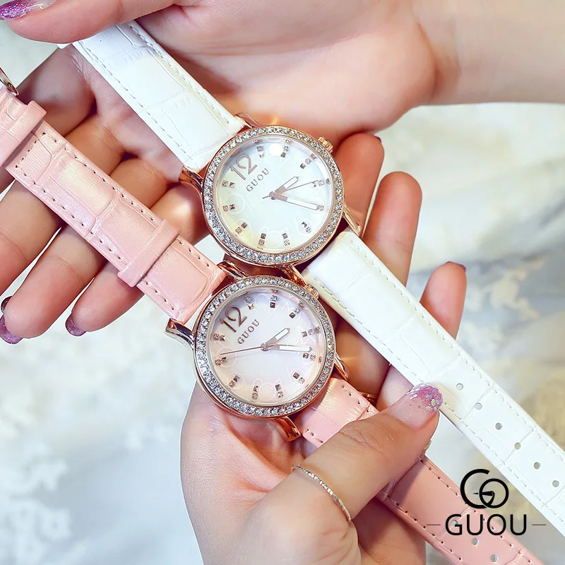 Люксовый бренд AAA GUOU модные блестящие Кварцевые часы со стразами женские кожаные
