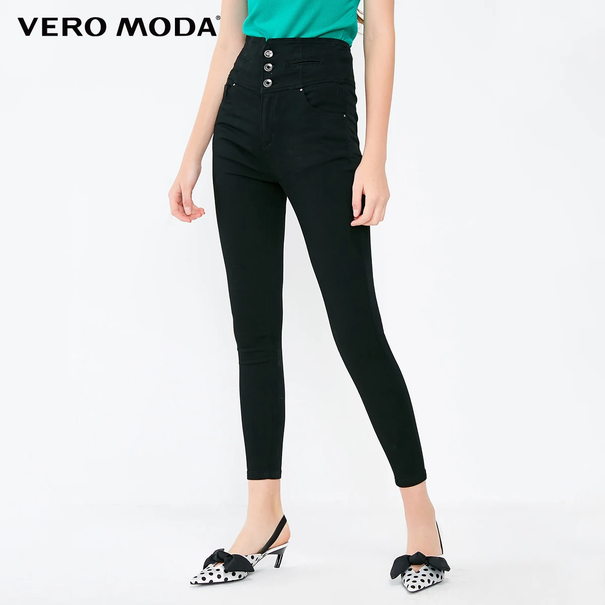 Black denim Vero Moda новые женские декоративные пуговицы Высокая талия стрейч облегающие укороченные джинсы | 318349518 - Цвет: Black denim