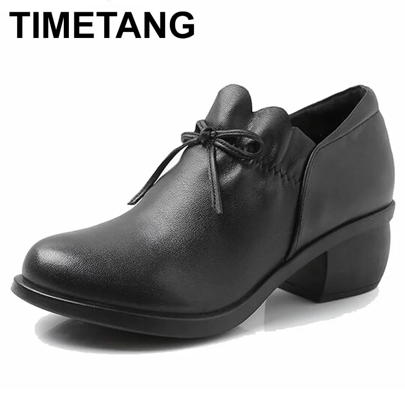 

TIMETANG 2018 Genuine Leather Women Shoes Thick Med Heels Work Dress Shoes Pumps Spring Autumn Black Boots Women Size 40