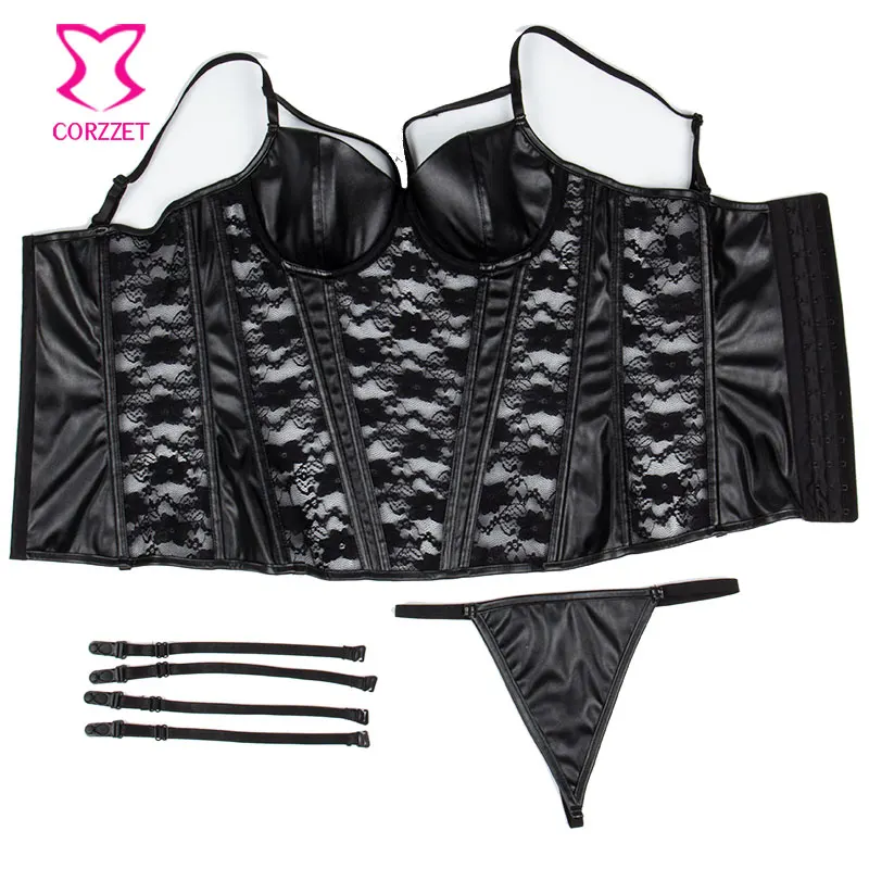 Черное Кружевное и кожаное платье бюстье с цветочным принтом корсет пуш апом|gothic