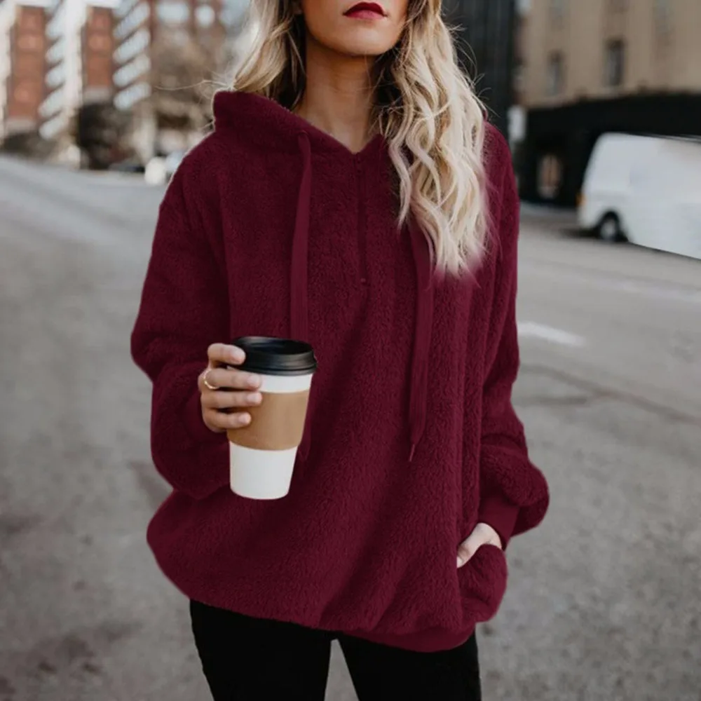 

Oversized Women Pullover Hoodie Zipper Front Long Sleeve Sweatshirt Solid Pocket