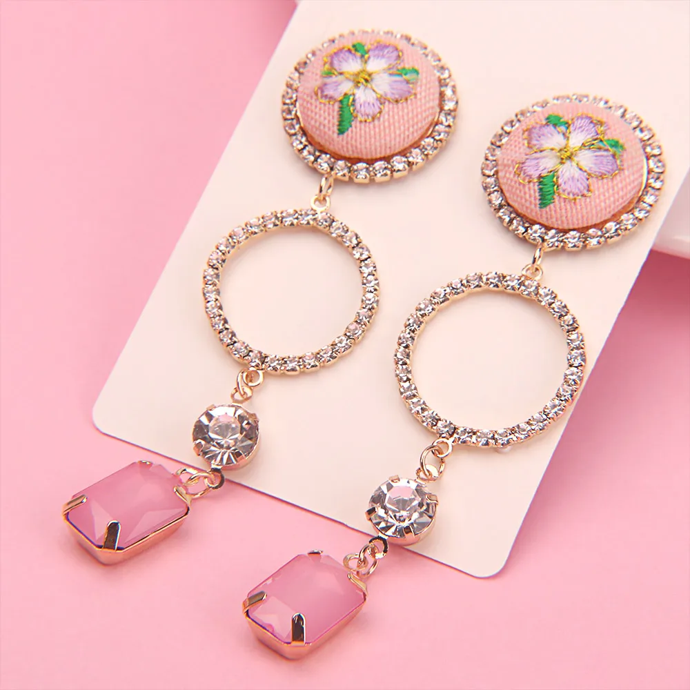 Серьги подвески из цинкового сплава с цветочной вышивкой 1 пара|Серьги-подвески| |