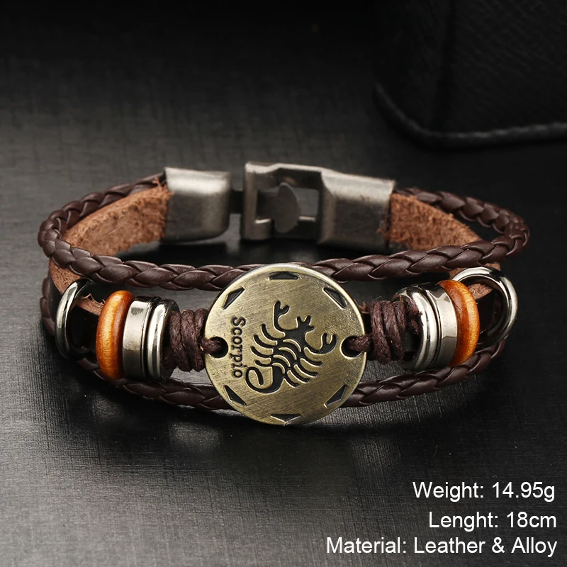 2017 панк 12 созвездий браслеты кожаные модные ювелирные изделия мужские