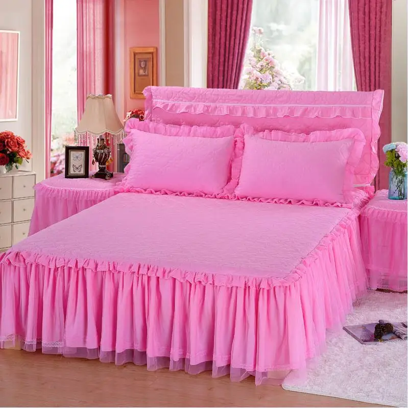 Pink Плотные рубашки для кровати, двойной кружевной дизайн, однотонный матрас, покрывало, двойной постельный наматрасник, покрывало принцессы - Цвет: Pink