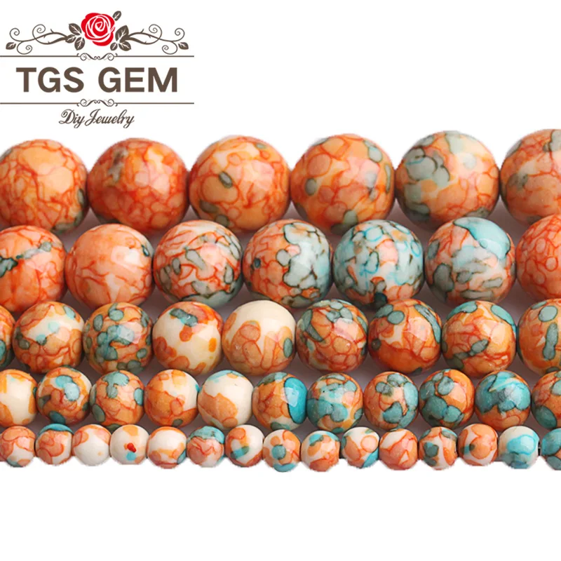 Круглые бусины с зелеными пятнами из натурального оранжевого радужного камня 4 6 8