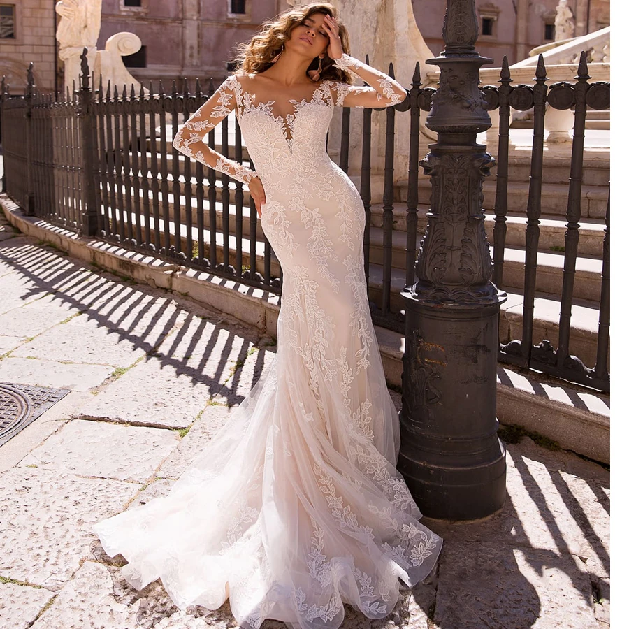 Lace Mermaid Detachable Tulle Skirt Long Sleeves Applique V neck Wedding Dress Robe De Mariee Sofuge Boho Dubai Arabic Abiti Da|Свадебные