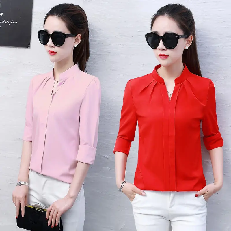 Женская шифоновая блузка белая Повседневная приталенная с длинным рукавом