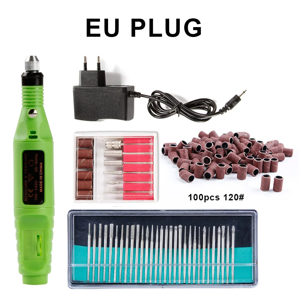green EU 120 Электрический аппарат для маникюра, 30 шт., фрезы, сверла, набор шлифовальных лент, набор сверл для ногтей, гель для удаления кутикулы, набор - Цвет: green EU 120