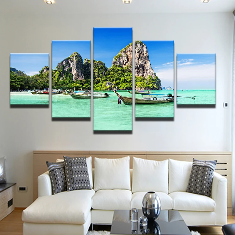 5 Панель судно в горы вид на море Холст Картина модульные стеновые Картины Wall Art Home