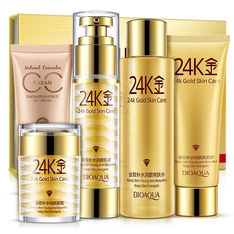 

5PCS/Set 24K Gold Whitening Cream Skin Set Moisturizing Essence Lotion Toner Cleanser CC cream Face Lift Firming Cream Face Care