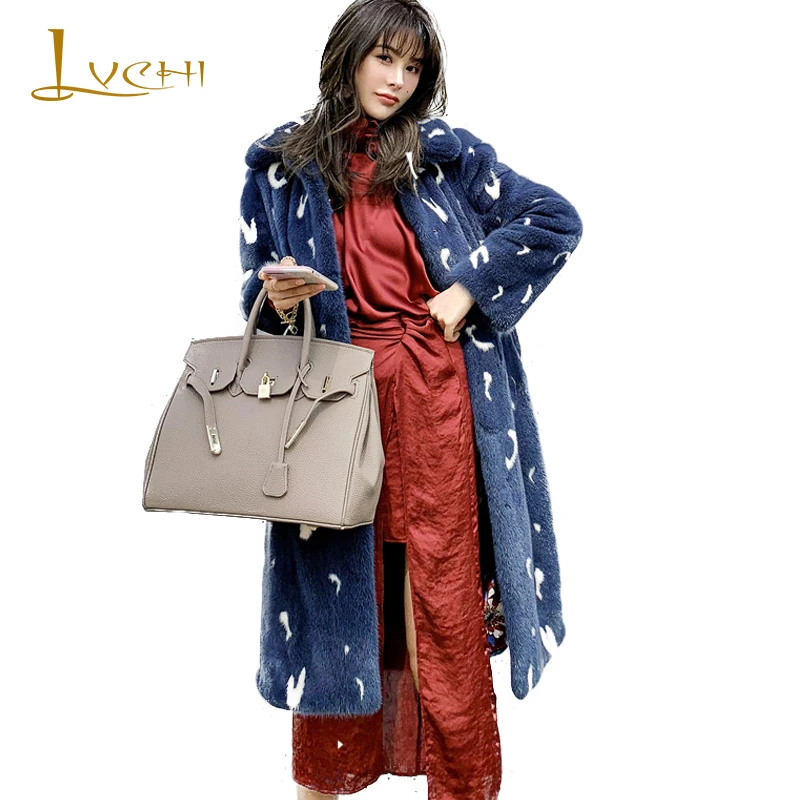 

LVCHI 2019 Winter Imported Purple velvet Mink Fur Coat Real Fur Coats Women Turn-Down Collar Contrast Color Long Mink Fur Coats