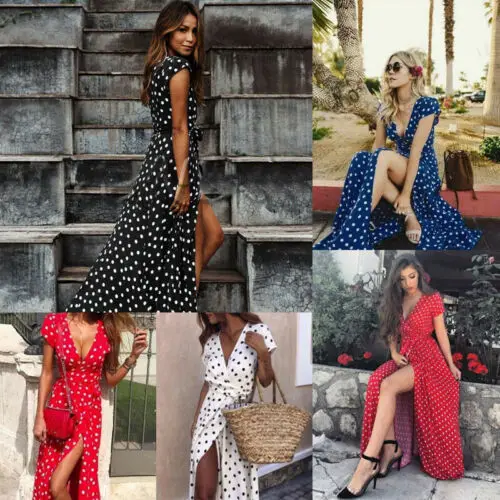 ZOGAA Women Boho Wave Point Maxi V Neck Long Dress Summer Beach Slit Spilt Sundress Dot vintage sexy women dress | Женская одежда