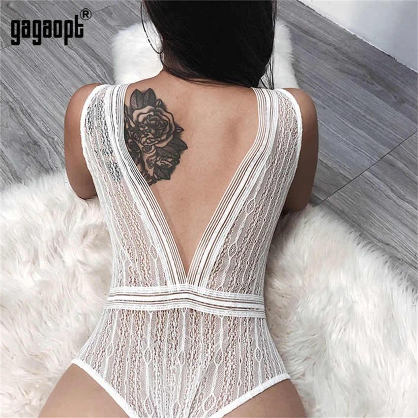 Женский кружевной комбинезон Gagaopt белый/черный облегающий боди с открытой
