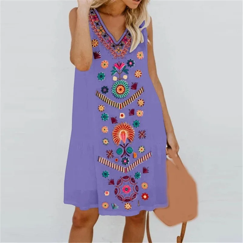 Женское платье без рукавов с v образным вырезом свободное мини принтом лето